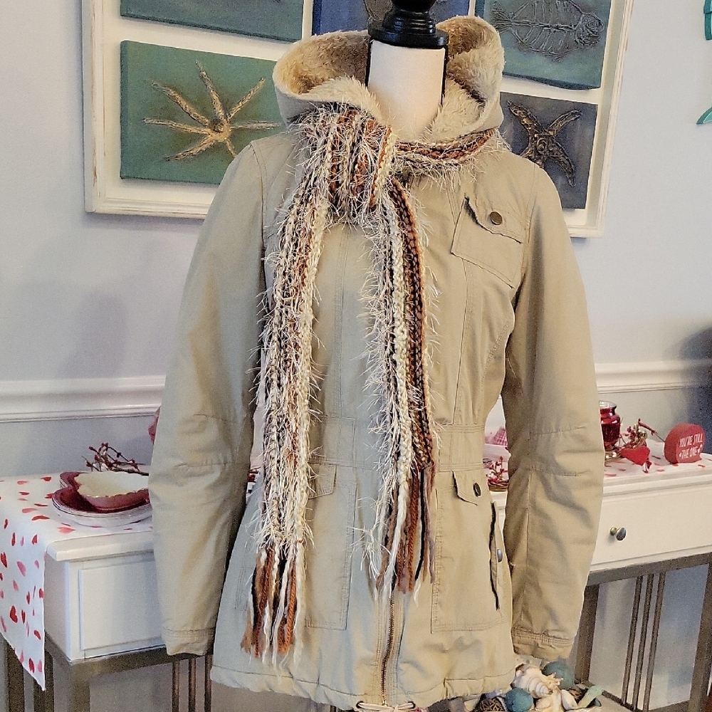 Kut from the Kloth Jacket.  Tan, Cream Faux Shearling inside hood. Small